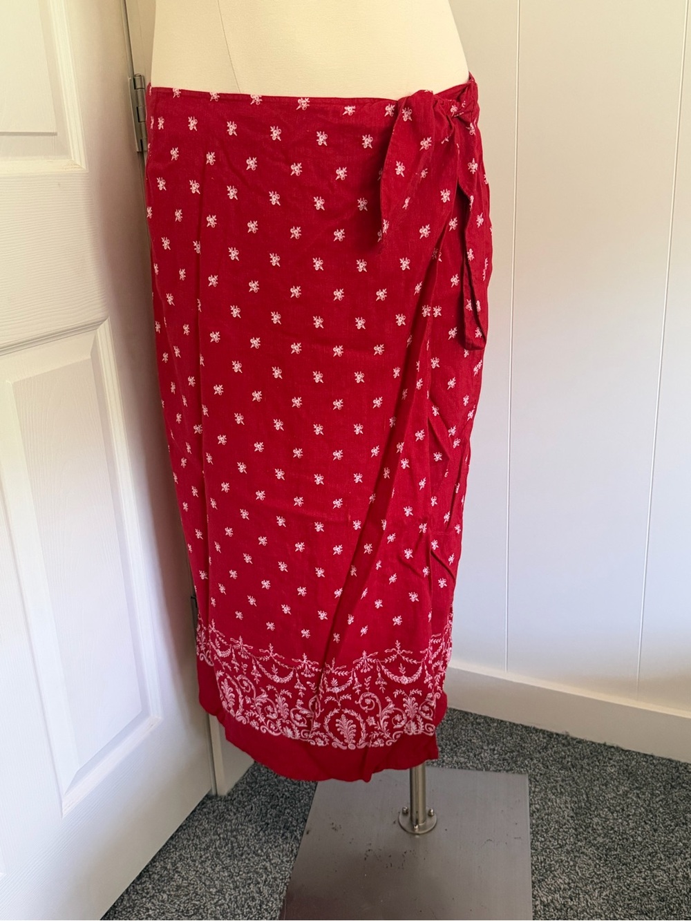 Women's Red Tie-Side linen skirt wrap skirt